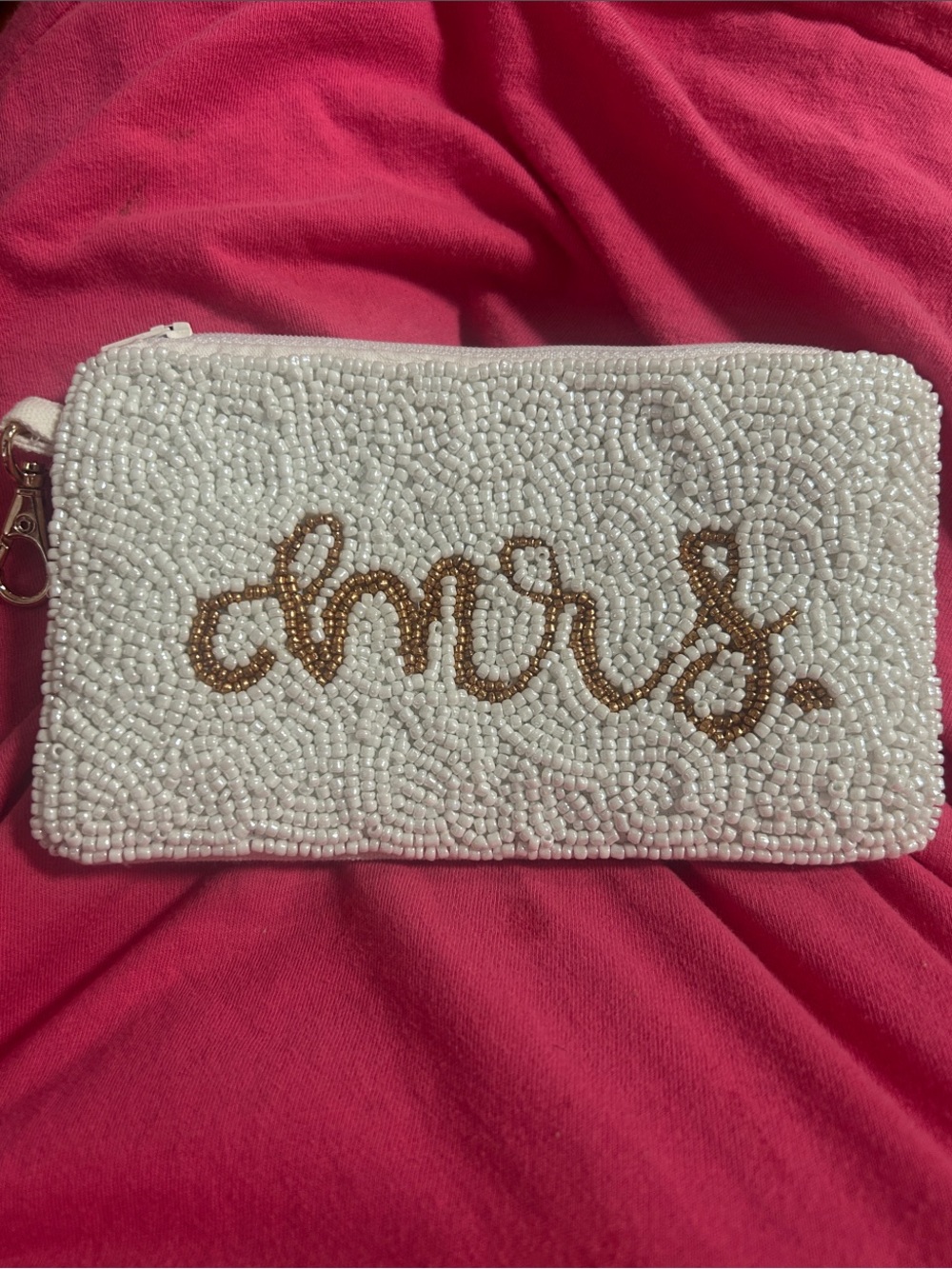 Beaded 'Mrs.' White Wristlet with Gold Script